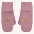 Warme rosa Kinderfäustlinge aus Strick mit Markenlabel, ideal für kalte Wintertage.