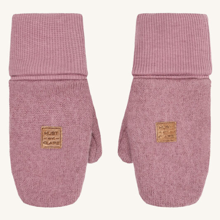 Warme rosa Kinderfäustlinge aus Strick mit Markenlabel, ideal für kalte Wintertage.
