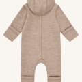 Brauner Baby-Wollanzug mit Kapuze, Rückansicht. Bequemer und warmer Einteiler für Neugeborene, ideal für kaltes Wetter.