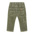 Grüne Baby-Cordhose mit Taschen, elastischem Bund und seitlicher Tasche, Rückansicht. Ideal für bequeme Alltagslooks.
