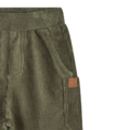Grüne Cordhose für Kinder mit seitlichen Taschen und elastischem Bund.