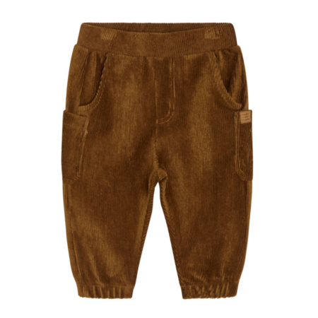 Braune Baby-Cordhose mit Taschen und elastischem Bund, ideal für komfortable und stilvolle Kinderkleidung.