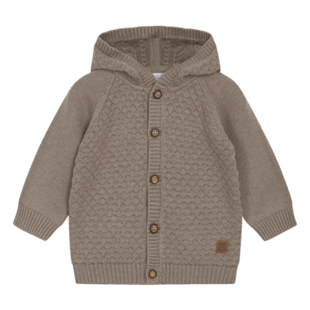 Braune Strickjacke mit Kapuze und Knopfleiste, ideal für warme und stilvolle Outfits für Babys und Kleinkinder.