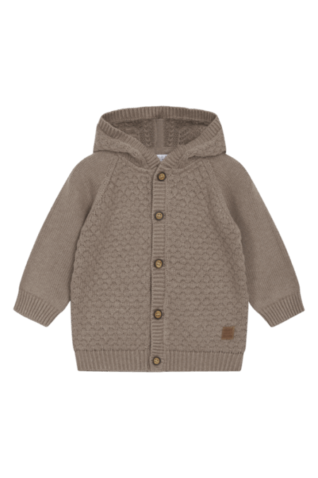 Braune Strickjacke mit Kapuze und Knopfleiste, ideal für warme und stilvolle Outfits für Babys und Kleinkinder.