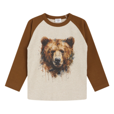 Braunes Langarmshirt für Kinder mit Bärenmotiv im Aquarellstil, naturweiße Vorderseite, braune Ärmel.