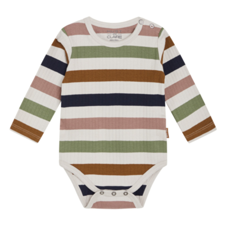 Gestreifter Baby-Body mit langen Ärmeln in Braun, Grün und Rosa, ideal für bequeme und stilvolle Alltagskleidung.