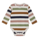 Gestreifter Baby-Body mit langen Ärmeln in Braun, Grün und Rosa, ideal für bequeme und stilvolle Alltagskleidung.