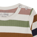Gestreifter Baby-Body in sanften Herbstfarben mit Knopfleiste an der Schulter, ideal für 6 Monate alte Babys.