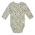Grüner Babystrampler mit buntem Muster, langen Ärmeln und Druckknöpfen – ideal für gemütliche Tage.