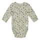 Grüner Babystrampler mit buntem Muster, langen Ärmeln und Druckknöpfen – ideal für gemütliche Tage.
