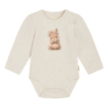 Beiger Babystrampler mit niedlichem Hasenmotiv und Blumenkranz, ideal für gemütliche Tage.