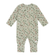 Gemusterter Babystrampler in Grün, Braun und Rosa mit langen Ärmeln, Knopfleiste und Rundhalsausschnitt.
