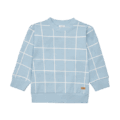 Blauer Kinderpullover mit weißem Karomuster, Rundhals und langen Ärmeln aus weichem Material.