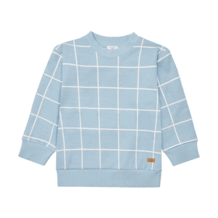 Blauer Kinderpullover mit weißem Karomuster, Rundhals und langen Ärmeln aus weichem Material.