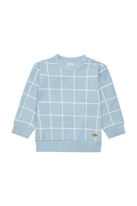 Blauer Kinderpullover mit weißem Karomuster, Rundhals und langen Ärmeln aus weichem Material.