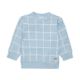 Blauer Kinderpullover mit weißem Karomuster, Rundhals und langen Ärmeln aus weichem Material.