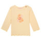 Langarm-Babyshirt in Beige mit Blumenmotiv und Muy Bien Aufdruck, dekorativer Saum, Knopfleiste an der Schulter.