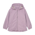 Lila Kinderregenjacke mit Kapuze und Reißverschluss, ideal für regnerische Tage und Outdoor-Abenteuer.