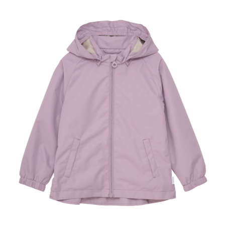 Lila Kinderregenjacke mit Kapuze und Reißverschluss, ideal für regnerische Tage und Outdoor-Abenteuer.