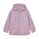 Lila Kinderregenjacke mit Kapuze und Reißverschluss, ideal für regnerische Tage und Outdoor-Abenteuer.