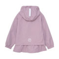 Rosa Kinder-Regenjacke mit Kapuze, Rückansicht zeigt reflektierende Details für bessere Sichtbarkeit.