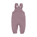 Lila Baby-Latzhose mit Rüschen-Trägern und Knöpfen, ideal für komfortable Kindermode und stilvollen Look.