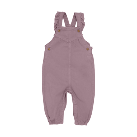 Lila Baby-Latzhose mit Rüschen-Trägern und Knöpfen, ideal für komfortable Kindermode und stilvollen Look.