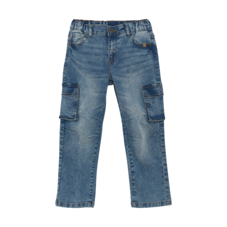 Blaue Cargo-Jeanshose für Kinder mit elastischem Bund und mehreren Taschen, ideale Freizeit- und Spielmode.