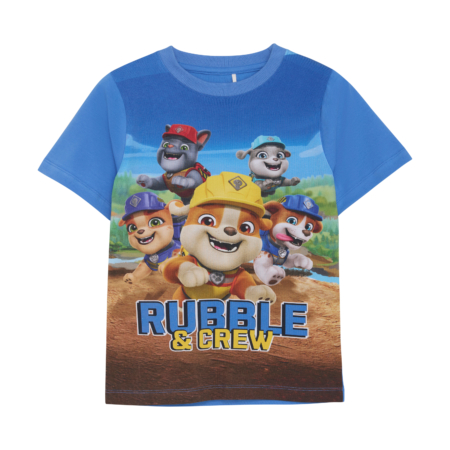 Blaues Kinder T-Shirt mit bunten Cartoon-Hunden und Rubble & Crew-Aufdruck, ideal für Fans von Abenteuern.