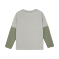 Graues Langarmshirt mit olivgrünen Ärmeln, Rückansicht. Ideal für lässige Outfits und komfortable Alltagskleidung.