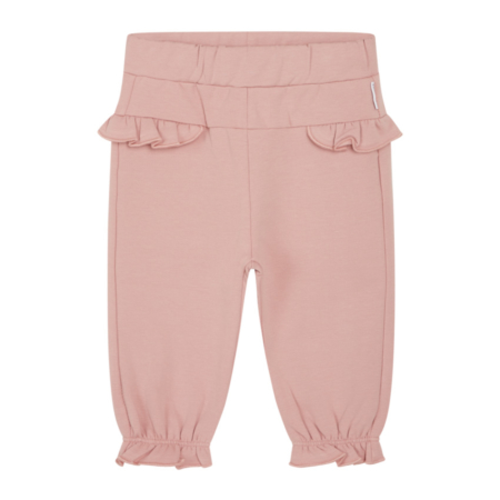 Rosa Babyhose mit Rüschen und elastischen Bündchen, ideal für komfortable und süße Outfits für Kleinkinder.