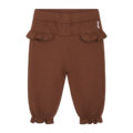 Braune Kinderhose mit Rüschenbund und elastischen Beinabschlüssen, ideal für bequeme Alltagskleidung.