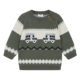 Grüner Kinderpullover mit Auto-Motiv und Knöpfen, ideal für den Winter. Warmes Strickdesign mit verspieltem Muster.