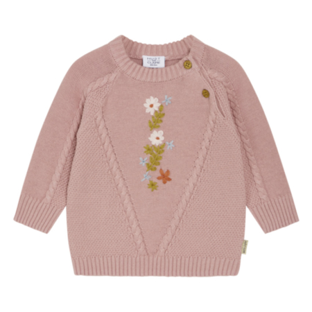 Rosa Kinderpullover mit Zopfstrick und Blumenstickerei, langärmelig, ideal für Herbst- und Winterkollektionen.