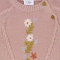 Rosa Strickpullover mit floralem Stickmuster und Zopfmuster, zwei Knöpfen, geeignet für Babys, Größe 68.