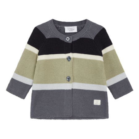 Kinder-Strickjacke mit breiten Streifen in Schwarz, Grün, Weiß und Grau, Knopfleiste vorne, Unisex-Design.