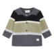 Kinder-Strickjacke mit breiten Streifen in Schwarz, Grün, Weiß und Grau, Knopfleiste vorne, Unisex-Design.