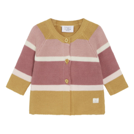 Gestreifte Baby-Strickjacke in Rosa, Senf und Creme mit langen Ärmeln und Knopfleiste – gemütliche Mode für Babys.