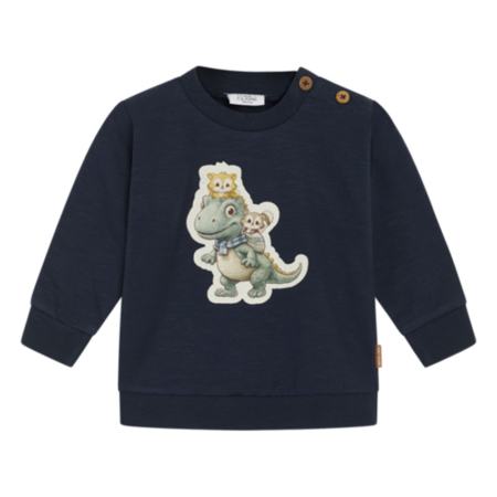 Dunkelblauer Kinderpullover mit niedlichem Dinosaurier-Print und zwei Knöpfen auf der Schulter. Ideal für den Herbst.