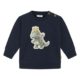 Dunkelblauer Kinderpullover mit niedlichem Dinosaurier-Print und zwei Knöpfen auf der Schulter. Ideal für den Herbst.