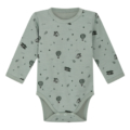 Grauer Baby-Body mit langen Ärmeln und niedlichem Heißluftballon- und Fahrzeugmuster – ideal für Neugeborene.