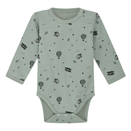 Grauer Baby-Body mit langen Ärmeln und niedlichem Heißluftballon- und Fahrzeugmuster – ideal für Neugeborene.
