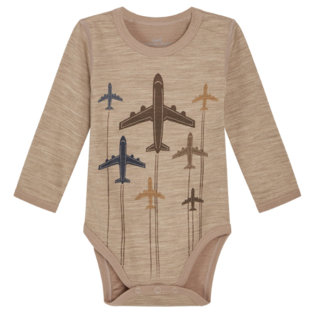 Langärmeliger Baby-Body in Beige mit Flugzeugmotiven, ideal für kleine Luftfahrtfans. Baumwollmischung.