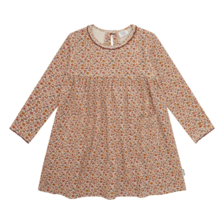 Mädchenkleid mit langem Ärmel und floraler Musterung in Rot- und Brauntönen, perfekt für den Herbst.