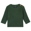 Grüner Strickpullover für Kinder, langärmlig mit Knöpfen an der Schulter und Rippenmuster. Ideal für kühle Tage.