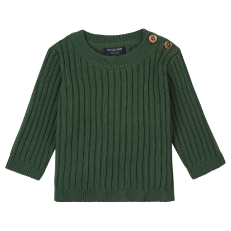 Grüner Strickpullover für Kinder, langärmlig mit Knöpfen an der Schulter und Rippenmuster. Ideal für kühle Tage.