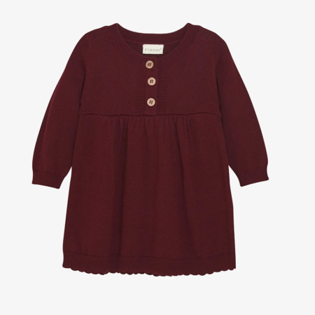 Weinrotes Baby-Strickkleid mit Knopfleiste, langärmlig, ideal für Herbst-/Winterkollektion.