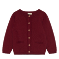 Roter Kinder-Cardigan mit Knopfleiste und Rundhalsausschnitt aus Strick, ideal für kühle Tage.