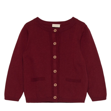 Roter Kinder-Cardigan mit Knopfleiste und Rundhalsausschnitt aus Strick, ideal für kühle Tage.