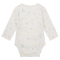 Weißer Baby-Body mit langem Arm und buntem Blumenmuster aus weicher, atmungsaktiver Baumwolle, Rückansicht.